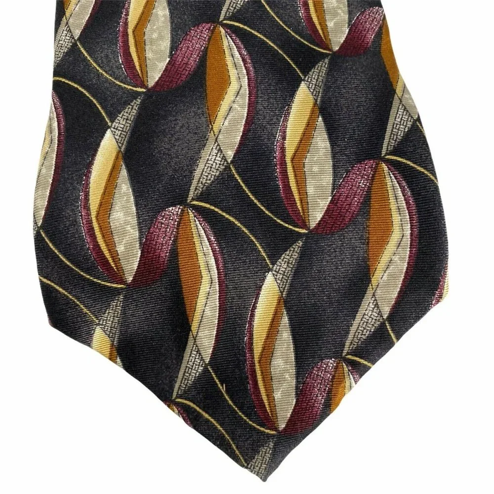 George Machado Black Maroon Yellow Tan Silk Tie‎